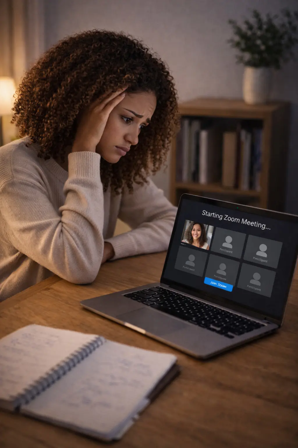 A person at a desk before a video meeting