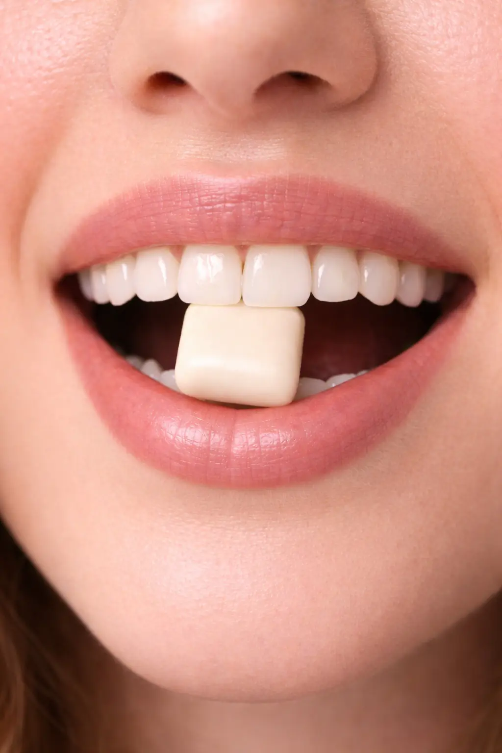 A piece of nula gum held between teeth